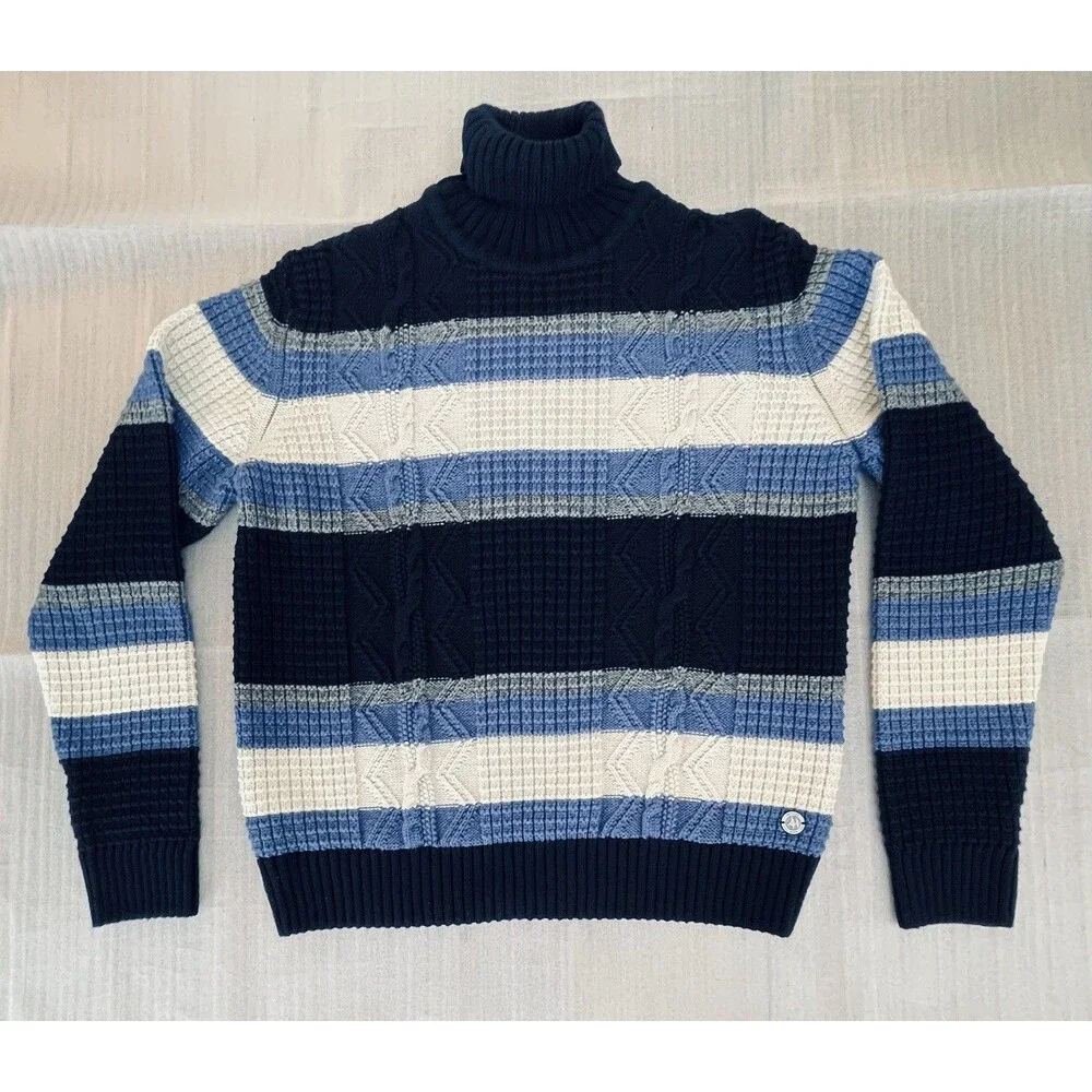 Impulso Wool Blend Turtle Neck Sweater Cable Knit Striped Men Nautical Italy - Picture 1 of 10